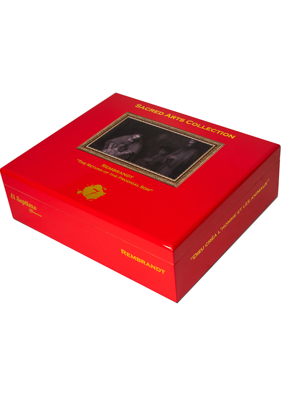 closed red and gold box of rembrandt sacred arts collection cigars