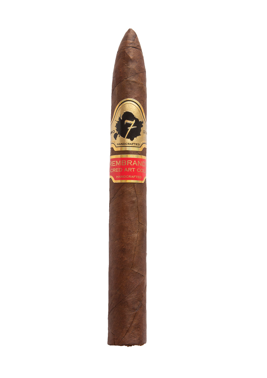 A single El Septimo Rembrandt cigar resting horizontally, with a gold label wrapping around the upper part. that reads Rembrandy Sacred Art Collection