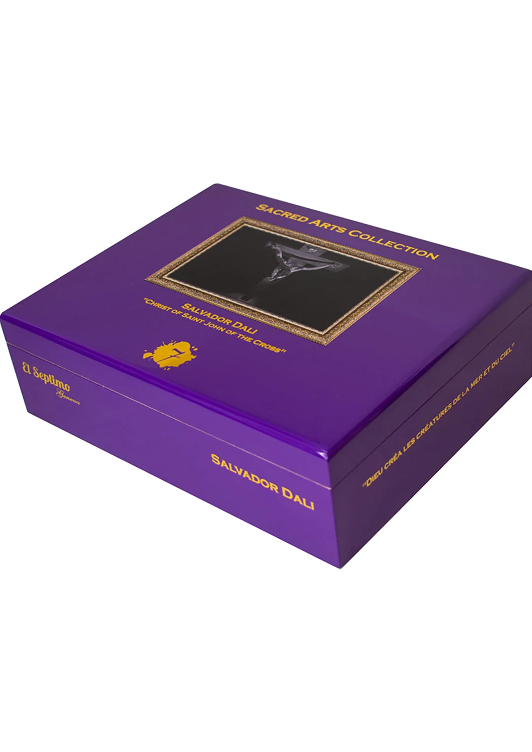 Purple and gold cigar box with Sacred Arts Collection and the Salvador Dali cigars