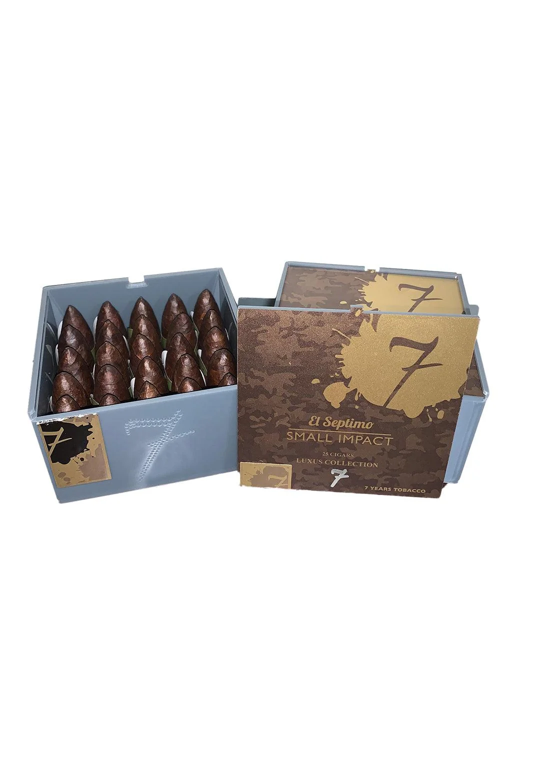 Light blue and brown box of 20 El Septimo Small Impact cigars against a white background