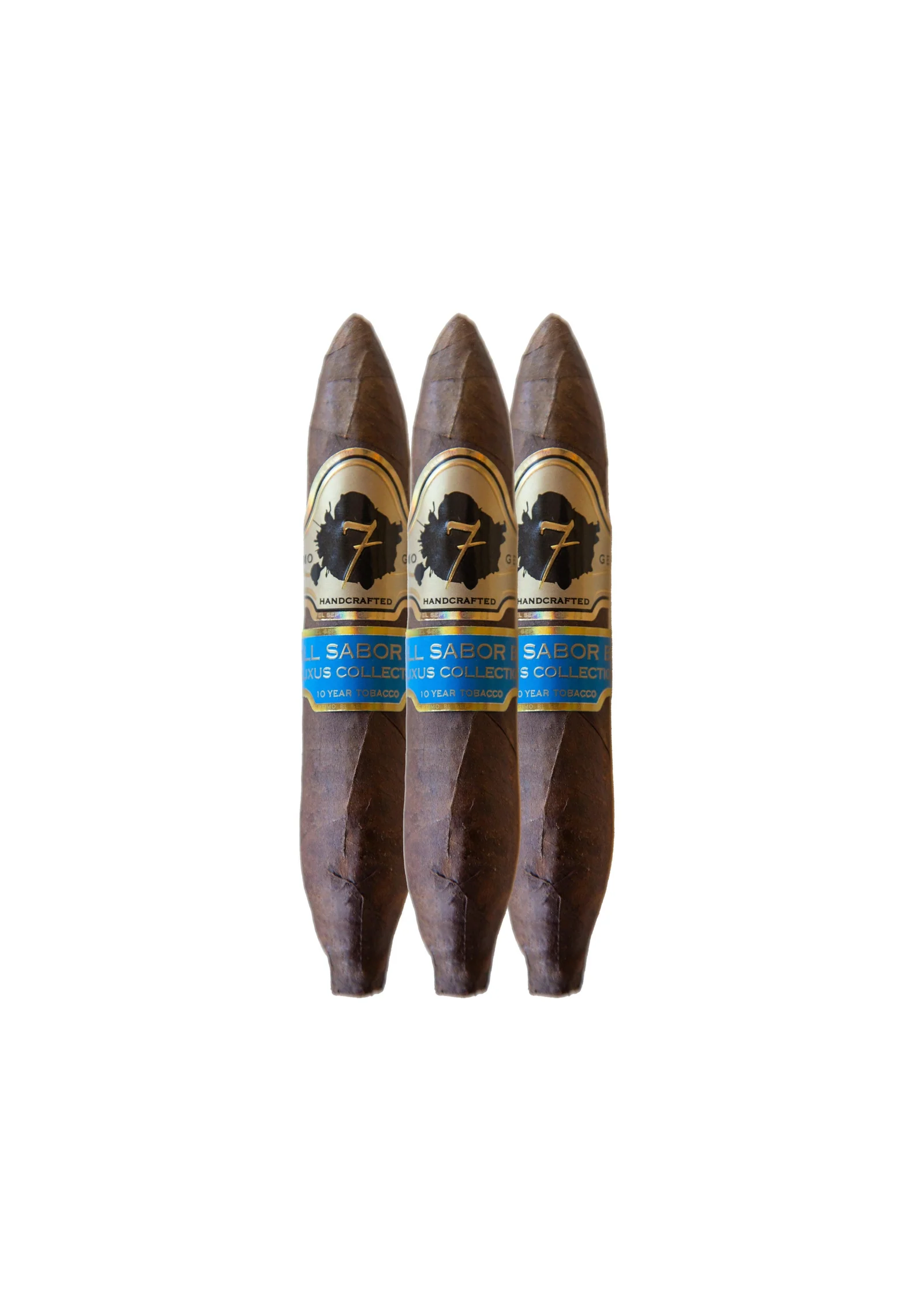 Three El Septimo Small Sabor Blue cigars with El Septimo branded labels on a white background