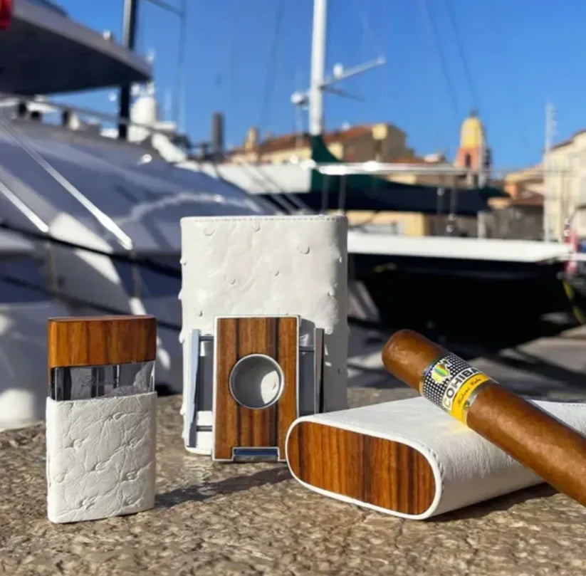 "Brizard and Co - Cigar Case (showband 3) Gordo Genuine White Ostrich & Rosewood"