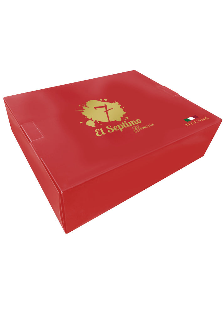 Red bag with El Septimo Geneva in gold letters and the Italian flag at the bottom with the word Toscana