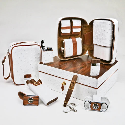 Brizard & Co – “Airflow” Cigar Humidor (70/80 Count) - White Ostrich Leather & Rosewood Collection