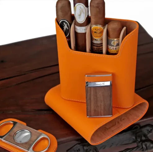 Brizard & Co “Show Band” 5 Cigar Case Travel Humidor – Orange Leather