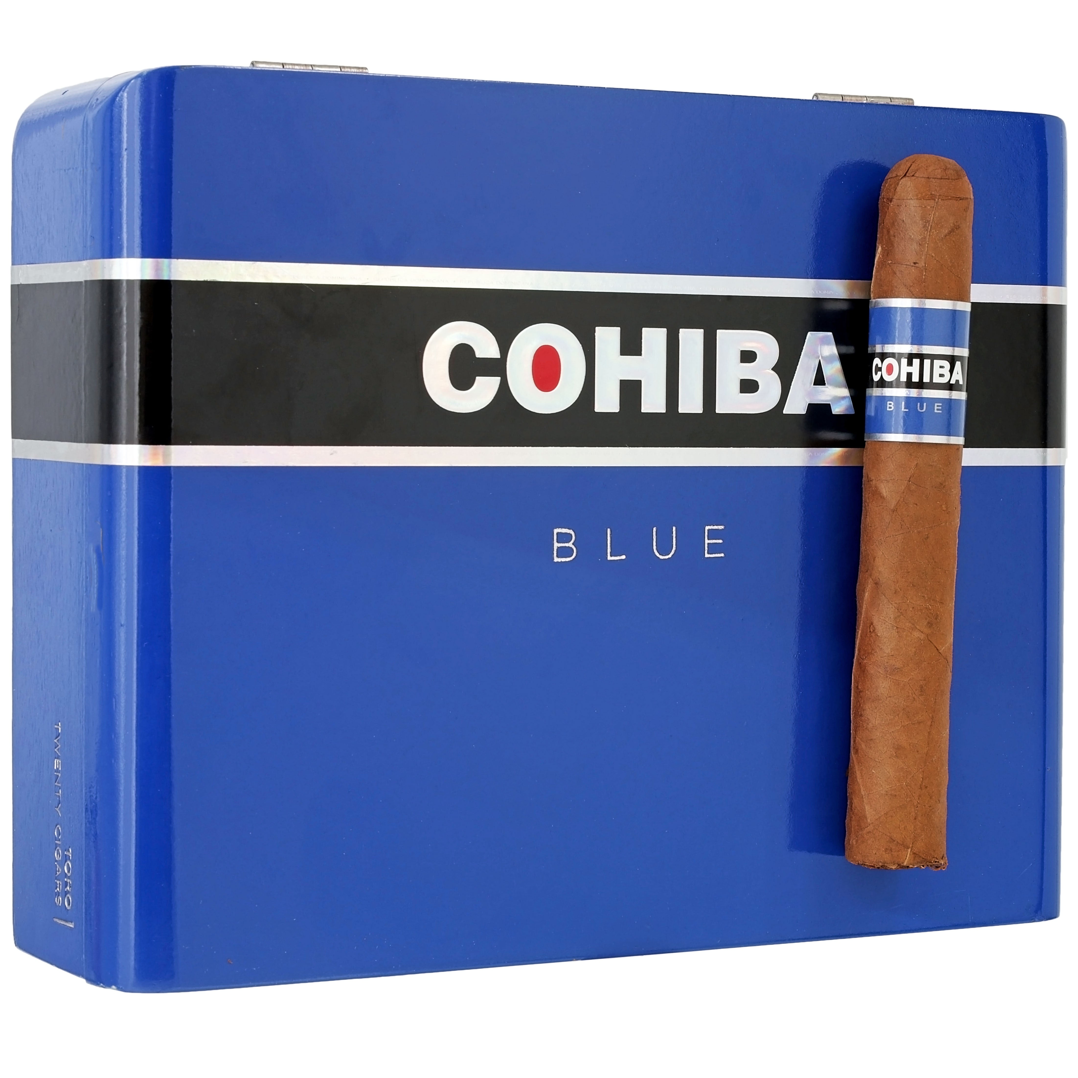 single cohiba blue cigar sitting on top of of a closed blue cohiba blue box of 20 cigars